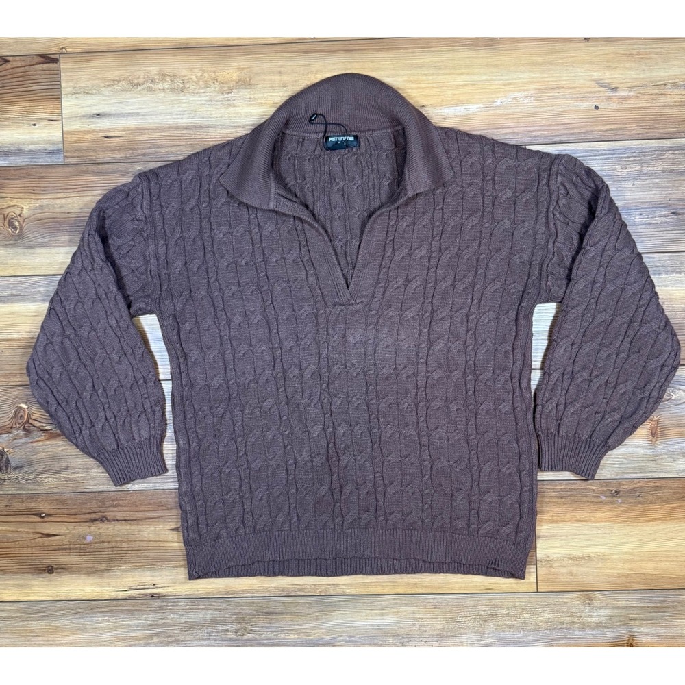 PrettyLittleThing Plus Brown Cable Knit Polo Sweater XL V-Neck Long Sleeve